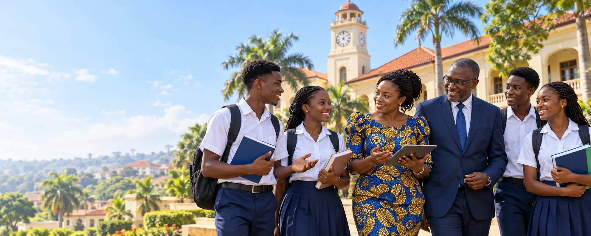 Ghanaian senior high school students with their teacher and school leader on campus